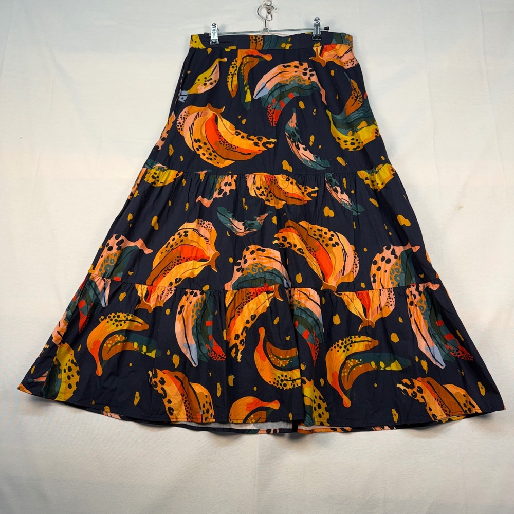 Maude Vivante Navy Blue Cotton Banana Print Tiered Maxi Skirt Women Medium